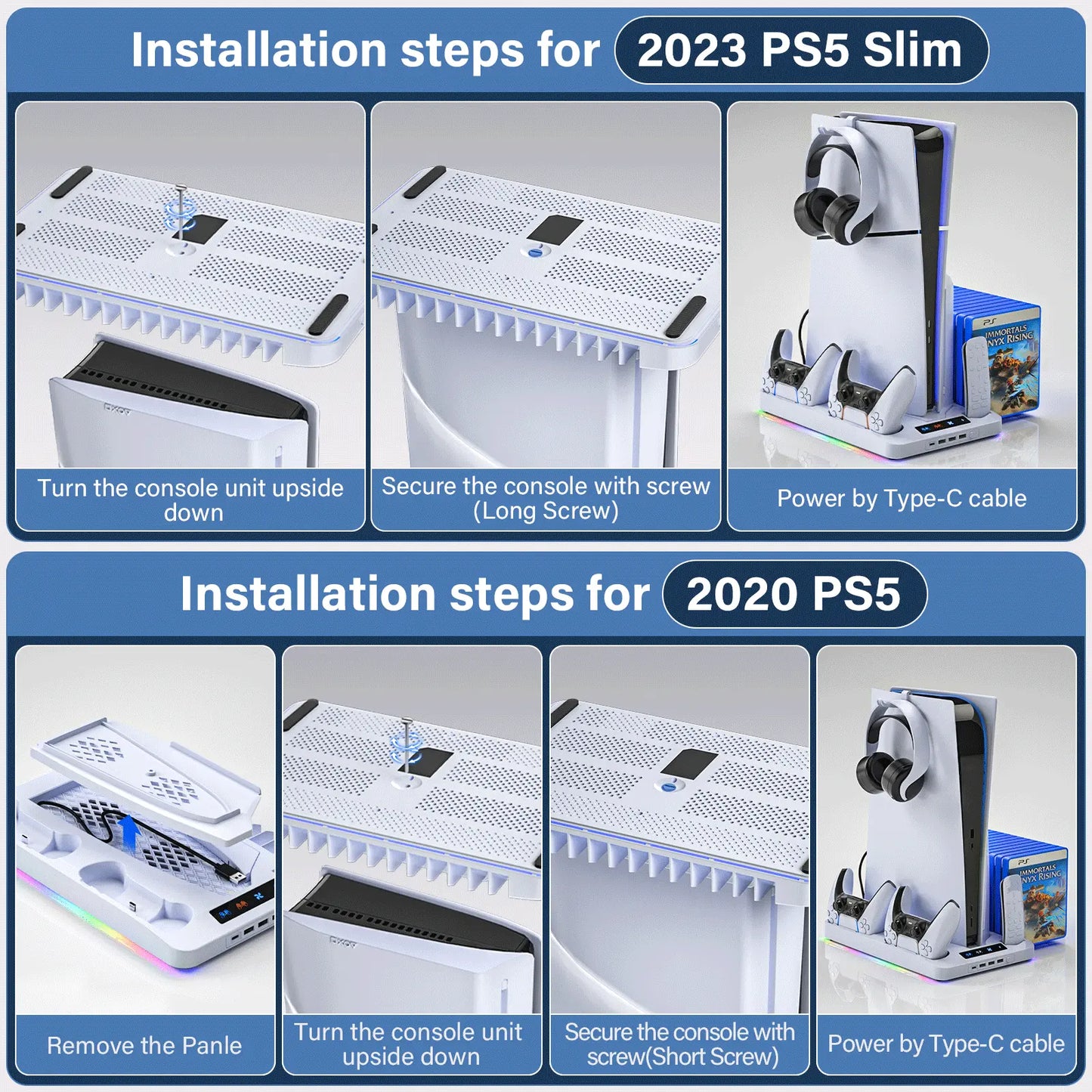2026 Enhanced Cooling Station for PS5/Slim Console with Dual Controller Charger, Dual Turbo Fan, and Three USB Hubs