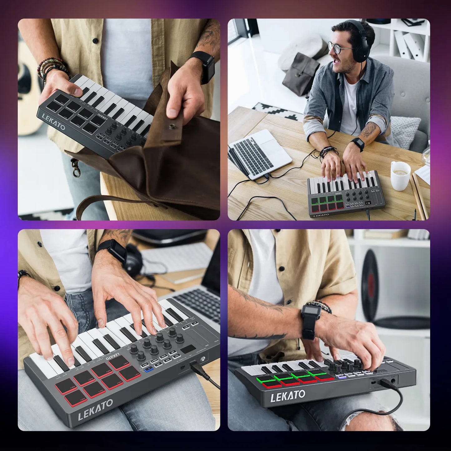 LEKATO SMK-25 Bluetooth 25-Key USB MIDI Keyboard Controller with 8 Backlit Drum Pads, Semi-Weighted Dynamic Keybed, 8 Control Knobs, Music Production Features, Smart Scales and Chords, Software Included - Ideal for Beginners and Music Enthusiasts
