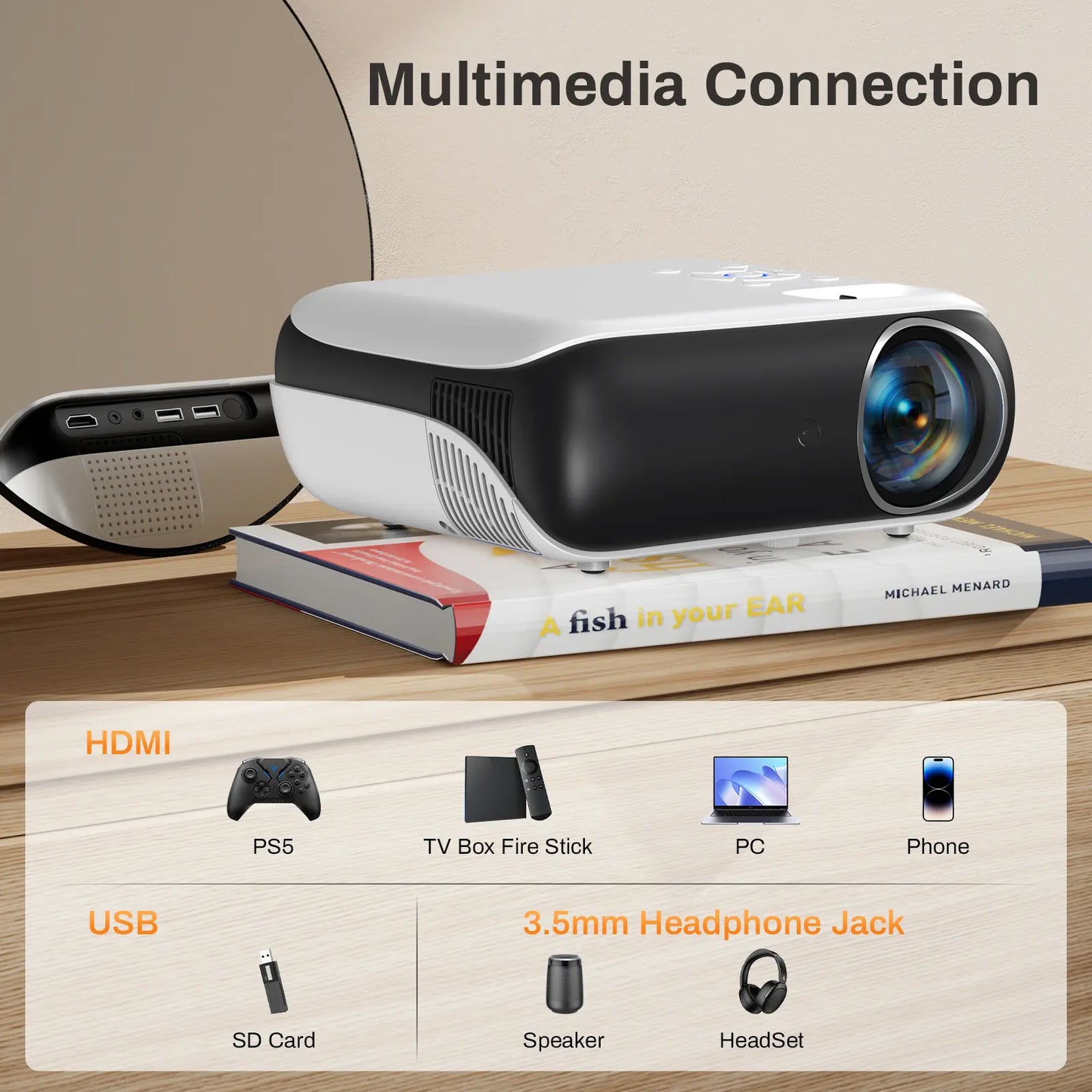 HAPPRUN Native 1080P Bluetooth Projector, Full HD Portable Outdoor Movie Projector with Built-In Speaker, Compatible with Smartphone, HDMI, USB, AV, Fire Stick, PS5 for Home, Bedroom, Outdoor Use
