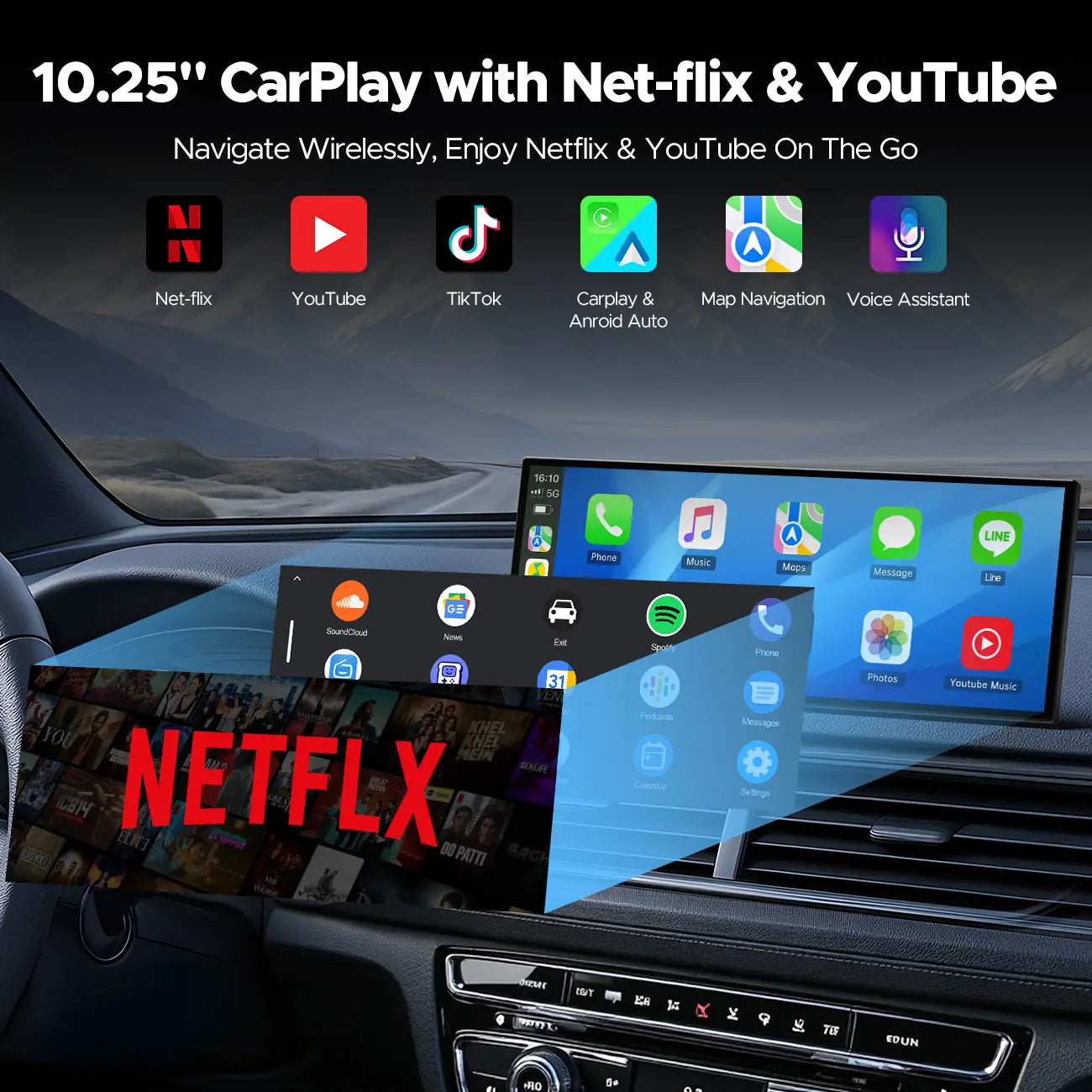 Lamtto 10.25" Wireless CarPlay Screen - Stream YouTube, Netflix, and TikTok While Parked, Compatible with iPhone 8–15+ & Android 11+ for Any Vehicle Upgrade