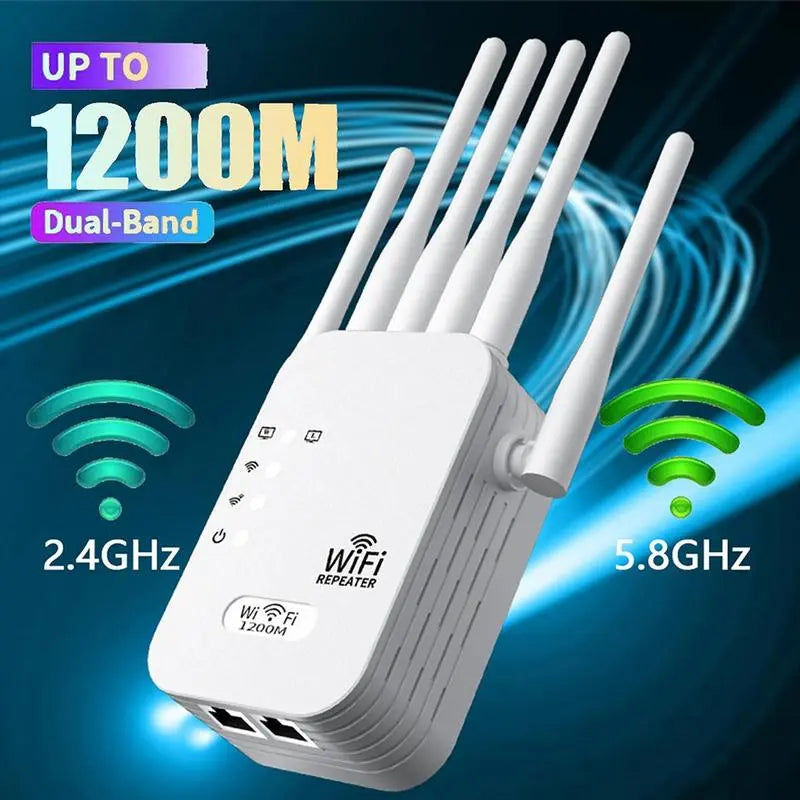 Dual Band 1200Mbps WiFi Extender with 6 High-Gain Antennas, Coverage up to 2000 Sq. Ft for 30 Devices, Ethernet Port Included, Perfect for Home Offices and Studios