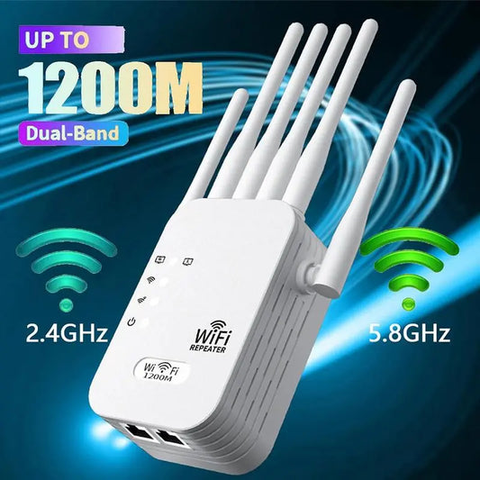 Dual Band 1200Mbps WiFi Extender with 6 High-Gain Antennas, Coverage up to 2000 Sq. Ft for 30 Devices, Ethernet Port Included, Perfect for Home Offices and Studios