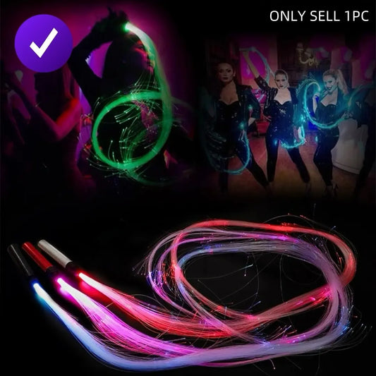 Fiber Optic LED Whip Toy Set with Metal Handle, USB Rechargeable, 7 Color Changing Lights, Flashing Prop for Stage Performances, Includes Battery