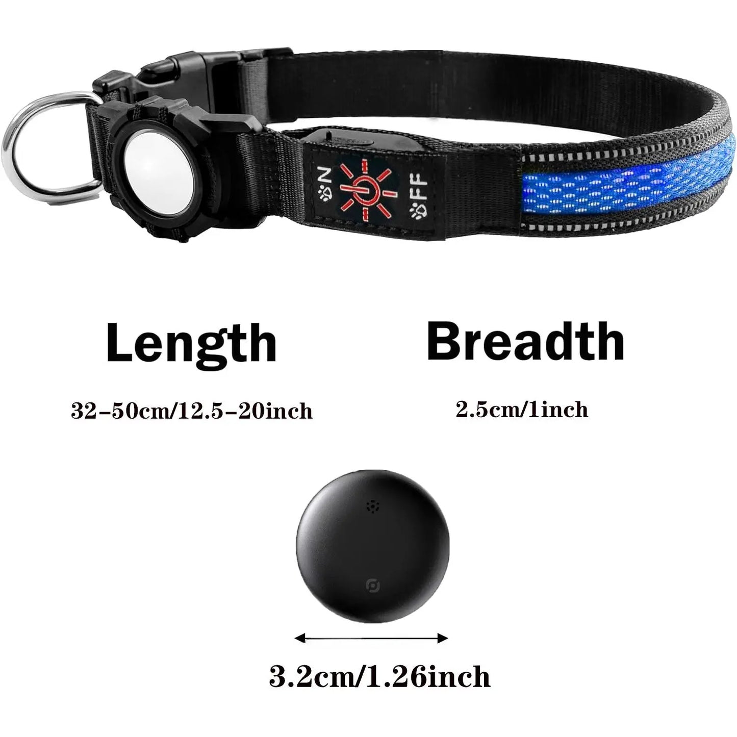 Rechargeable LED Pet Tracker Collar with Safety Light, Smart Mini Tracker Compatible with Apple Find My iOS, USB PD Charging, and QR Code Dog Tag Holder