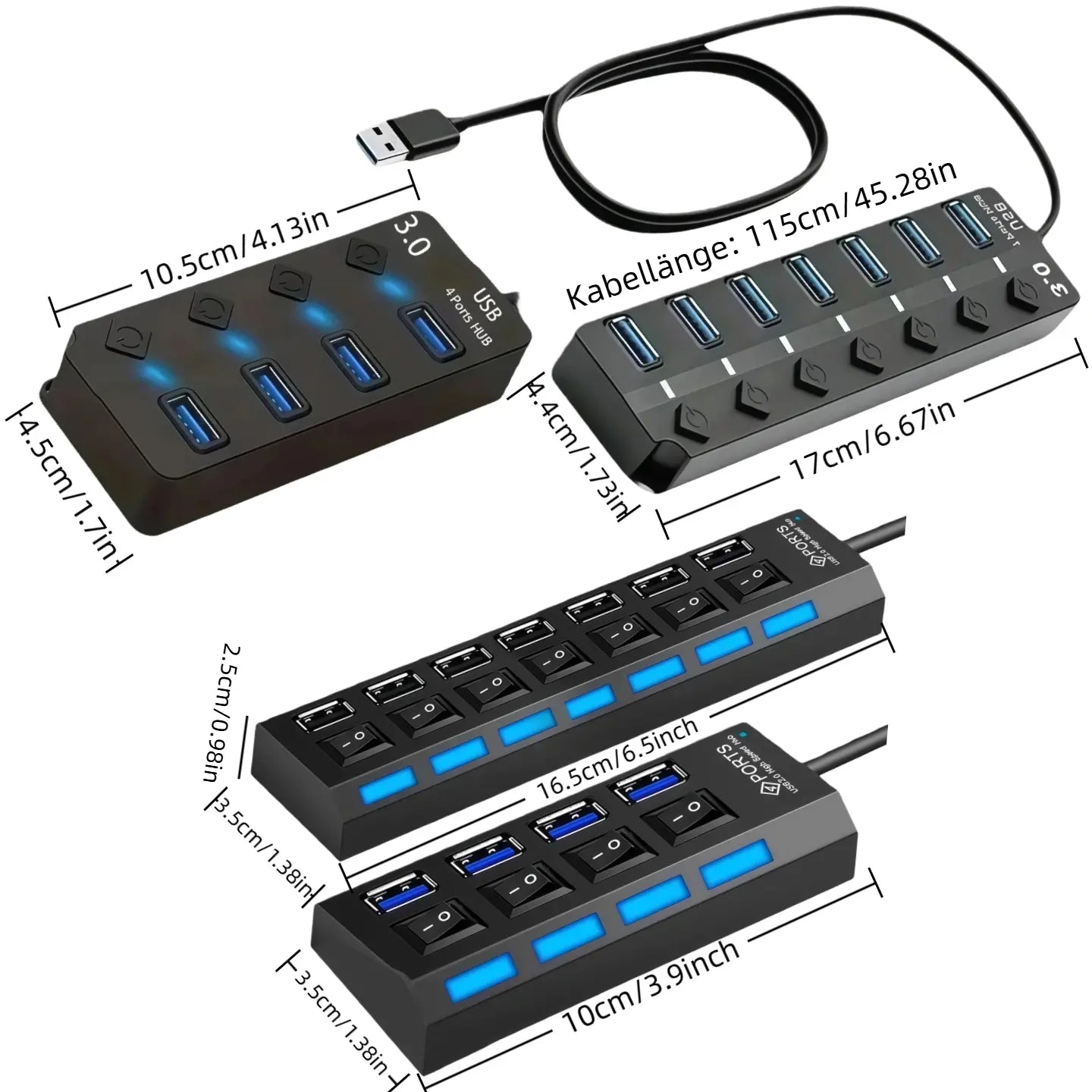 USB 2.0 Hub with 4 or 7 Ports and Individual On/Off Switches, Compact Multi-Port Splitter for Laptops, PCs, and External HDDs with LED Indicators