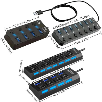 USB 2.0 Hub with 4 or 7 Ports and Individual On/Off Switches, Compact Multi-Port Splitter for Laptops, PCs, and External HDDs with LED Indicators