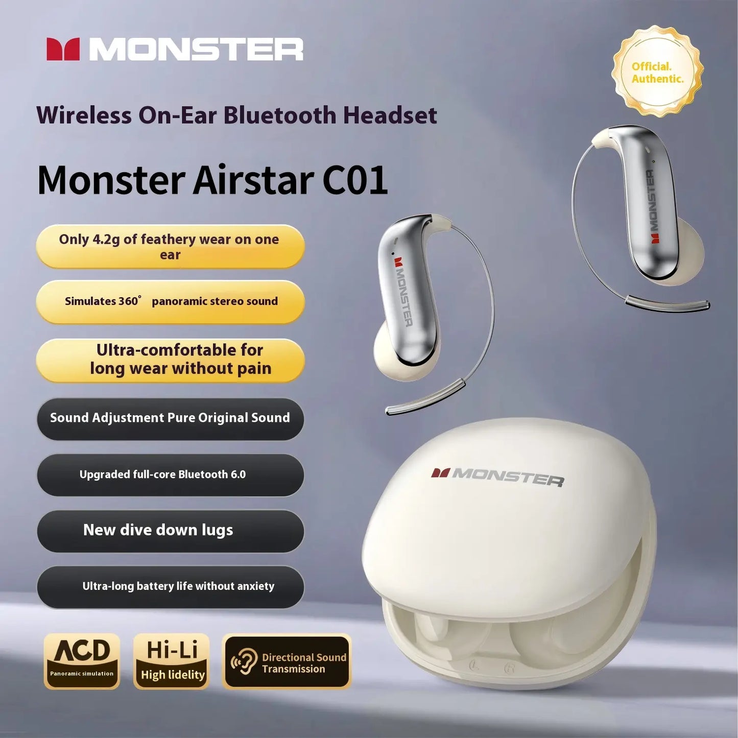 Monster Open-Ear Mic Headset, Wireless Earbuds, Secure Earhook Design, Mic Noise Cancelling, 100H Playtime, Bluetooth 6.0, Sweatproof, Lightweight, Comfortable, for Running, Workout, Cycling, Driving – Back to School, Perfect Gifts for Men & Women