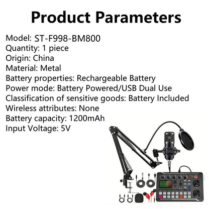 Professional Podcast Equipment Bundle: USB-Rechargeable Microphone with Voice Changer, Live Audio Mixer, Adjustable Condenser Mic, USB Audio Interface, Headphones, and Singing Microphone