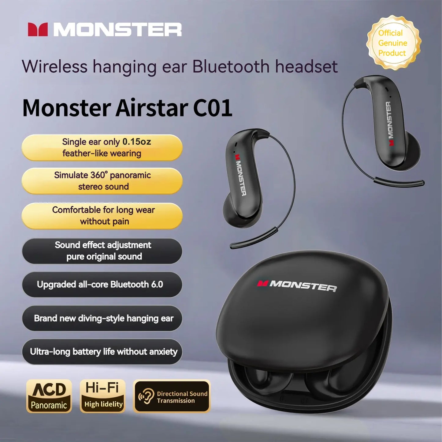 Monster Open-Ear Mic Headset, Wireless Earbuds, Secure Earhook Design, Mic Noise Cancelling, 100H Playtime, Bluetooth 6.0, Sweatproof, Lightweight, Comfortable, for Running, Workout, Cycling, Driving – Back to School, Perfect Gifts for Men & Women