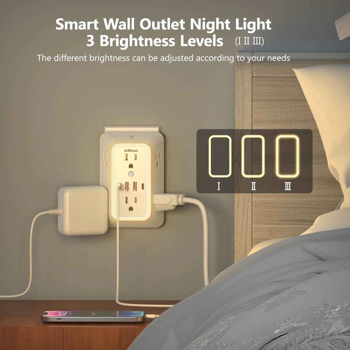 Wall Outlet Extender with Surge Protector, 6-Outlet Plug Strip with 4 USB Charging Ports & Night Light, USB Power Outlet, Power Socket Extender