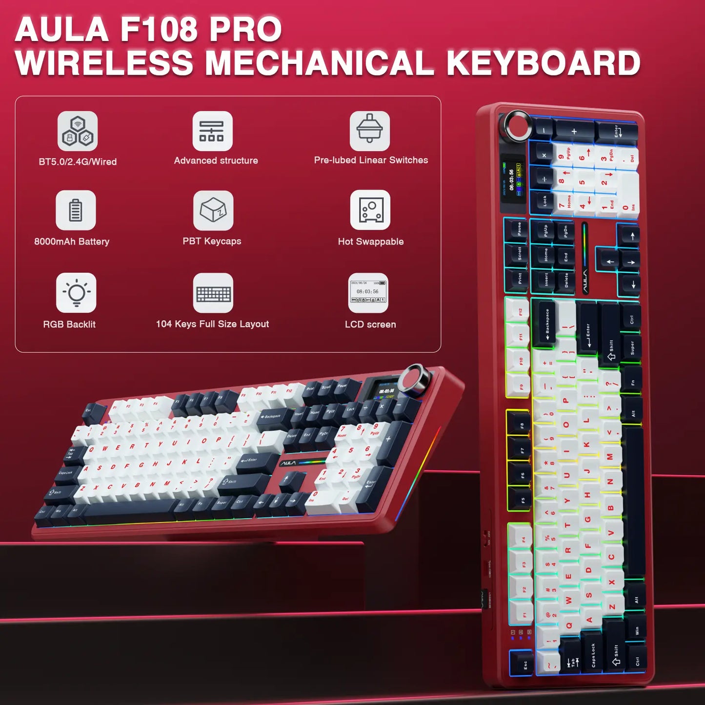 AULA F108 Pro Wireless Mechanical Gaming Keyboard - Full-Size with Smart Screen, Knob, Creamy Typing, Tri-Mode Connectivity, RGB Backlighting, Hot Swappable Switches for Professional and Gaming Use, Red