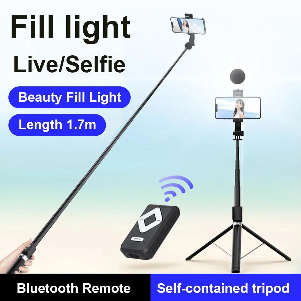 6-in-1 Selfie Stick with Fill Light, 67" Tripod, Wireless Remote Page Turner, Bluetooth Camera Remote, and Music Control for iPhone, iPad, iOS, and Android