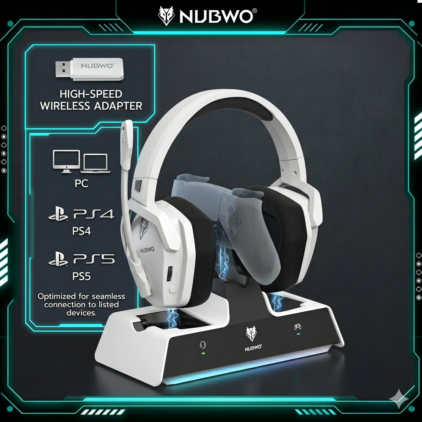 NUBWO G06 Pro Wireless Gaming Headset with Charging Station for Headphones & PS5 Controller Charger, Ps5 Ps4 PC, 120-Hour Battery, with 6 LED & RGB Mode,23Ms Sync​ for Fortnite & Call of Duty/Fps Gamers, Triple Mode All Devices Compatible Tiktokshopspring