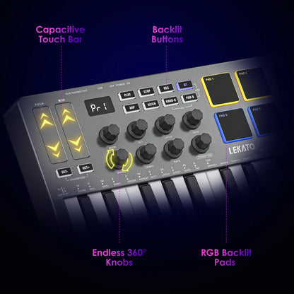 LEKATO SMK-25 Bluetooth 25-Key USB MIDI Keyboard Controller with 8 Backlit Drum Pads, Semi-Weighted Dynamic Keybed, 8 Control Knobs, Music Production Features, Smart Scales and Chords, Software Included - Ideal for Beginners and Music Enthusiasts