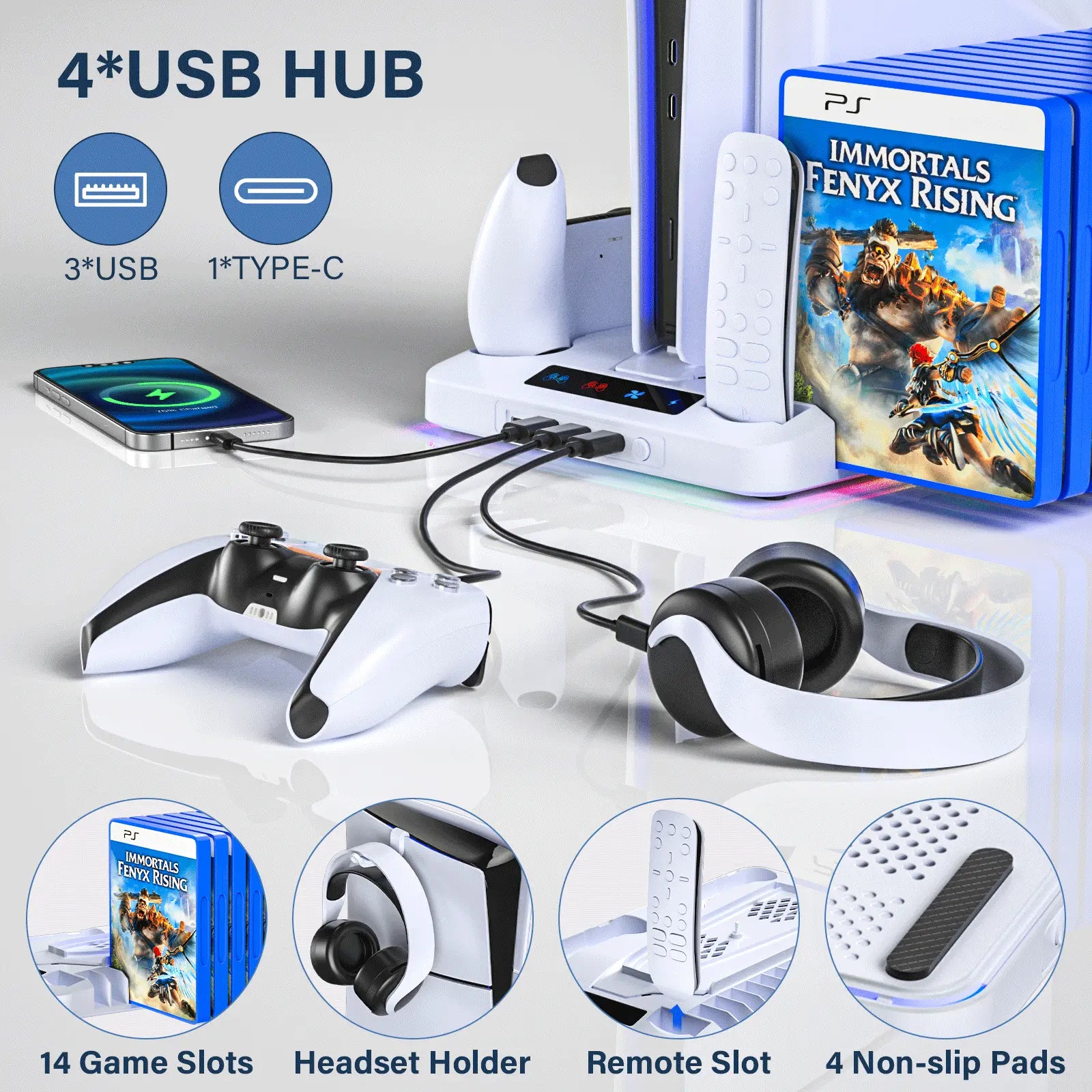 2026 Enhanced Cooling Station for PS5/Slim Console with Dual Controller Charger, Dual Turbo Fan, and Three USB Hubs