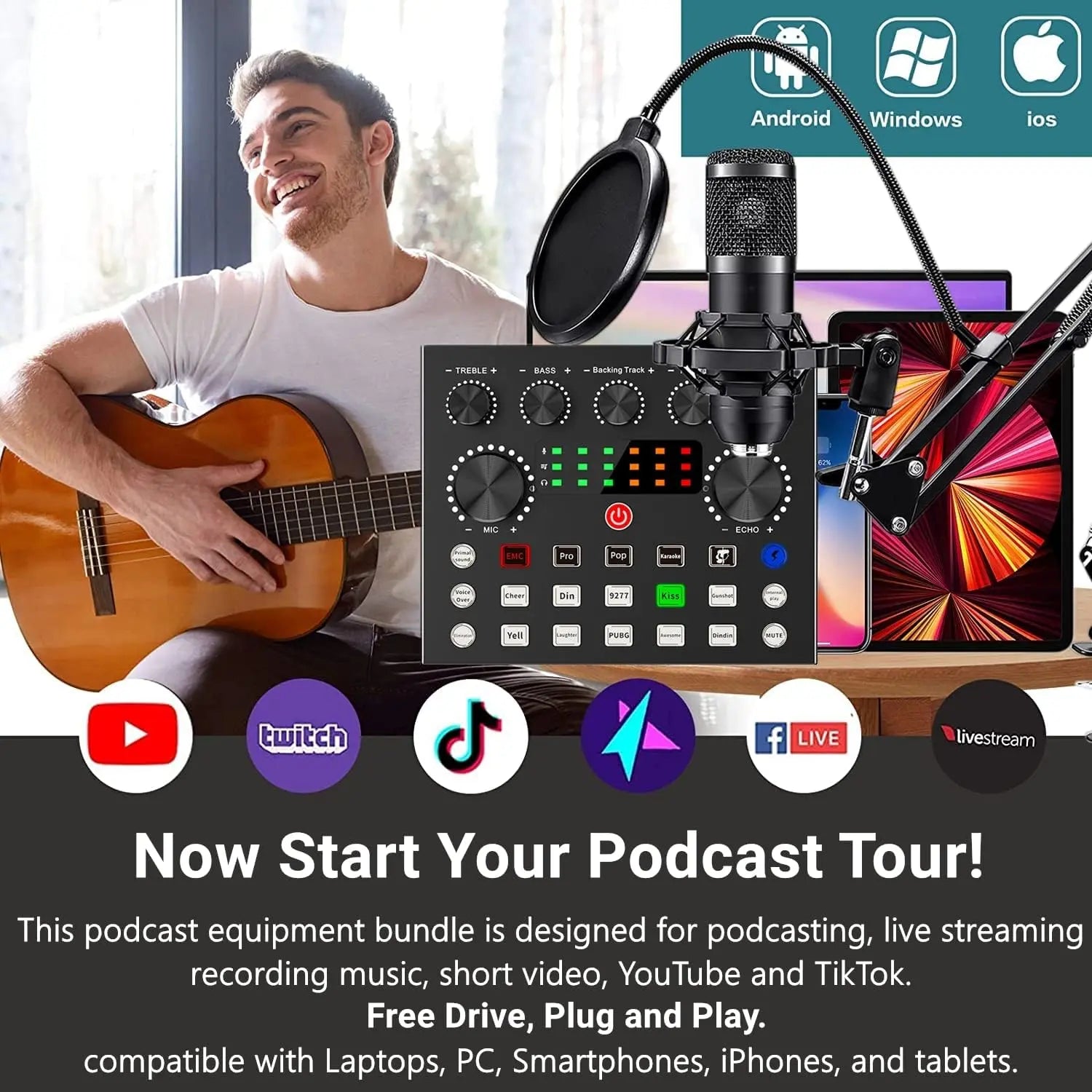 Safring Podcast Equipment Bundle, BM800 Podcast Usb Rechargeable Microphone Bundle with V8S Voice Change#R, Condenser Microphone Recording Studio Package for Podcasting Live Streaming Singing Tiktok Youtube Dynamic Mic Sound Card Desk Clamp #Summervibes
