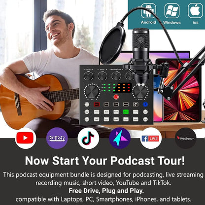 Safring Podcast Equipment Bundle, BM800 Podcast Usb Rechargeable Microphone Bundle with V8S Voice Change#R, Condenser Microphone Recording Studio Package for Podcasting Live Streaming Singing Tiktok Youtube Dynamic Mic Sound Card Desk Clamp #Summervibes
