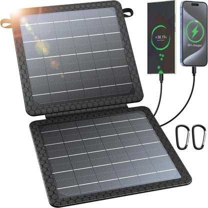 10W Solar Charger, IP65 Waterproof, Foldable with Dual USB Outputs (5V/2A Max) for Iphone, Ipad, Samsung, and More. Ideal for Outdoor Use.