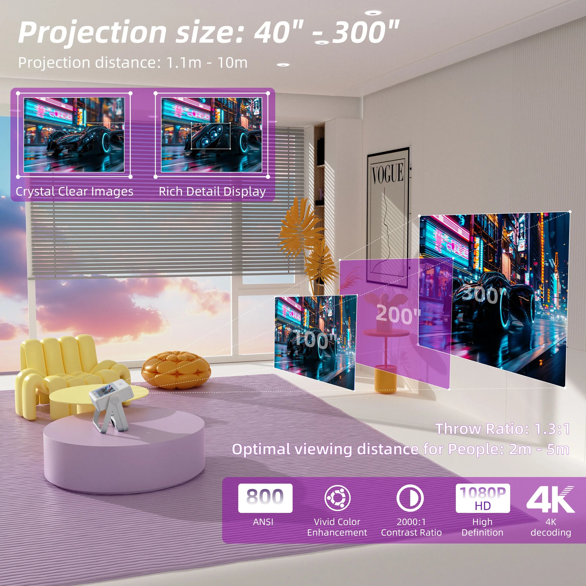 Xbj Smart Portable Projector with Touchscreen Tablet, 4K Support, WiFi 6, and Bluetooth for Home Theater, Gaming, and Outdoor Use (270° Stand and 250" Display)