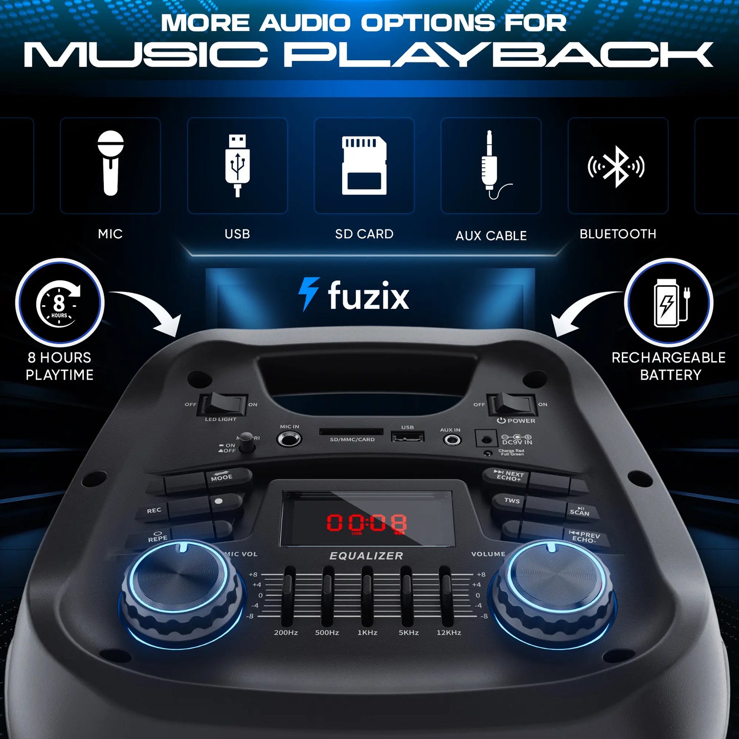 Fuzix Nova Portable Rechargeable Bluetooth Karaoke Speaker with Dual Wireless Microphones, Dynamic LED Lighting, FM Radio, USB and Micro SD Support, and Remote Control