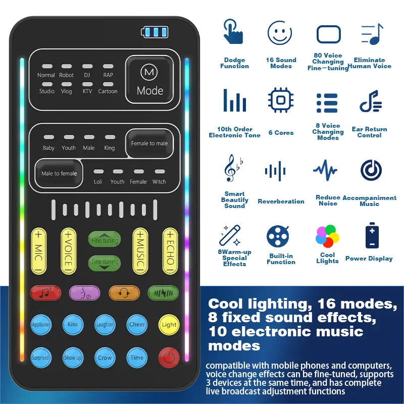 I9 Sound Converter with 16 Voice Modulations, 8 Fixed Sound Effects, and 10 Electronic Music Modes - Compatible with Apple, Android, PS4/PS5, Xbox, PC, and Laptop