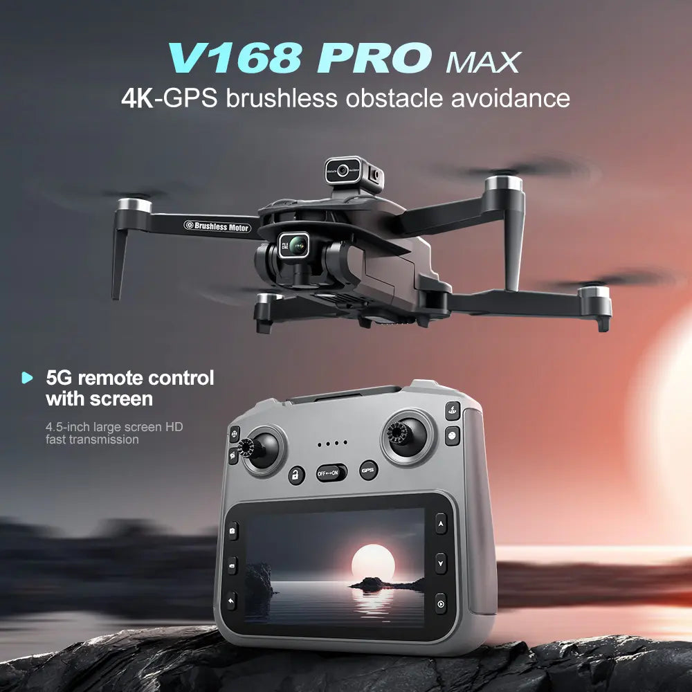 2026 New!!!!! V168 Pro Max Drone, Equipped with Front 4K HD Camera, Brushless Motor, GPS Return, Gesture Control, 4.5Inch Screen Remote Control Quadcopter.360°Scrolling, Dual Lens, Foldable Design, Drone GPS.684 Inch Height,