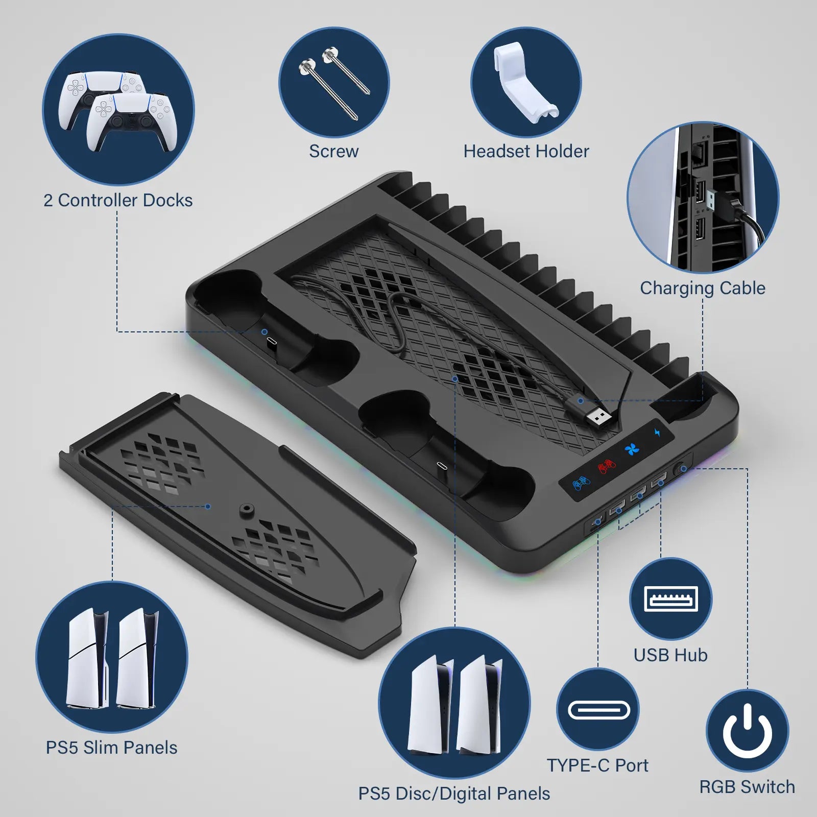2026 Enhanced Cooling Station for PS5/Slim Console with Dual Controller Charger, Dual Turbo Fan, and Three USB Hubs