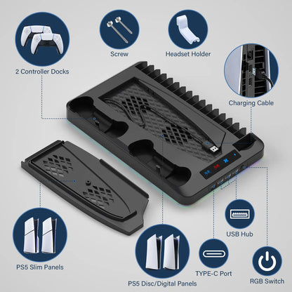 2026 Enhanced Cooling Station for PS5/Slim Console with Dual Controller Charger, Dual Turbo Fan, and Three USB Hubs