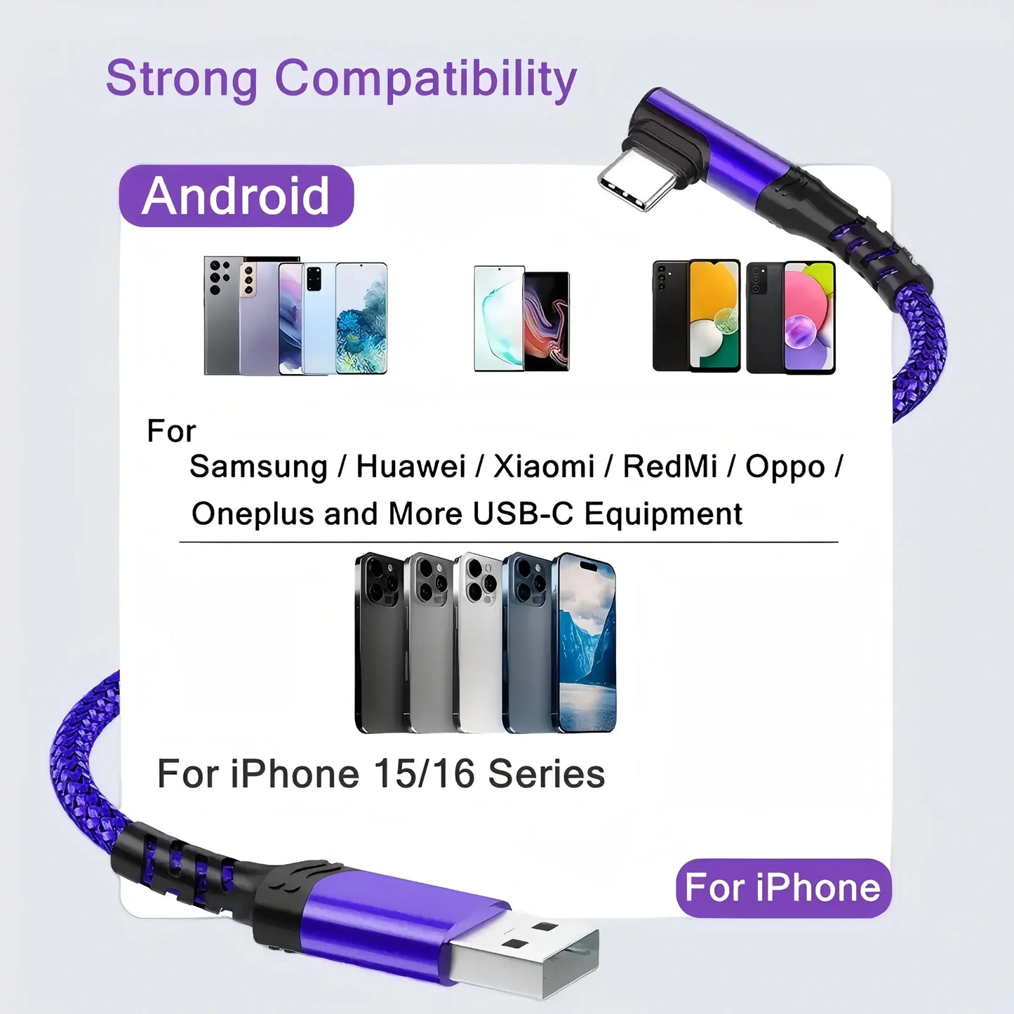 USB C Cable 90 Degrees, USB a to USB C Right Angle Nylon Braided Fast Charging Cable for Iphone 16 Pro Max, Ipad Air6, Huawei, Oppo, Xiaomi