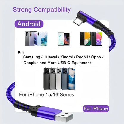 USB C Cable 90 Degrees, USB a to USB C Right Angle Nylon Braided Fast Charging Cable for Iphone 16 Pro Max, Ipad Air6, Huawei, Oppo, Xiaomi