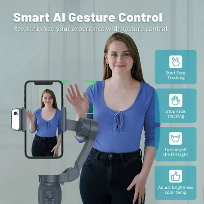 COMITOK Gimbal Stabalizer 3-Axis Handheld Phone Stabilizer for Smartphone with Fill Light, Active Rotating Automatic Face Tracking, Anti-Shake Shooting Desktop Stand for Video Recording, Tripod for Iphone & Android, Selfie Accessories