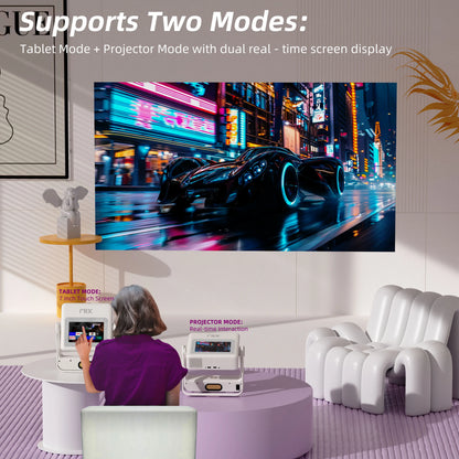 Xbj Smart Portable Projector with Touchscreen Tablet, 4K Support, WiFi 6, and Bluetooth for Home Theater, Gaming, and Outdoor Use (270° Stand and 250" Display)