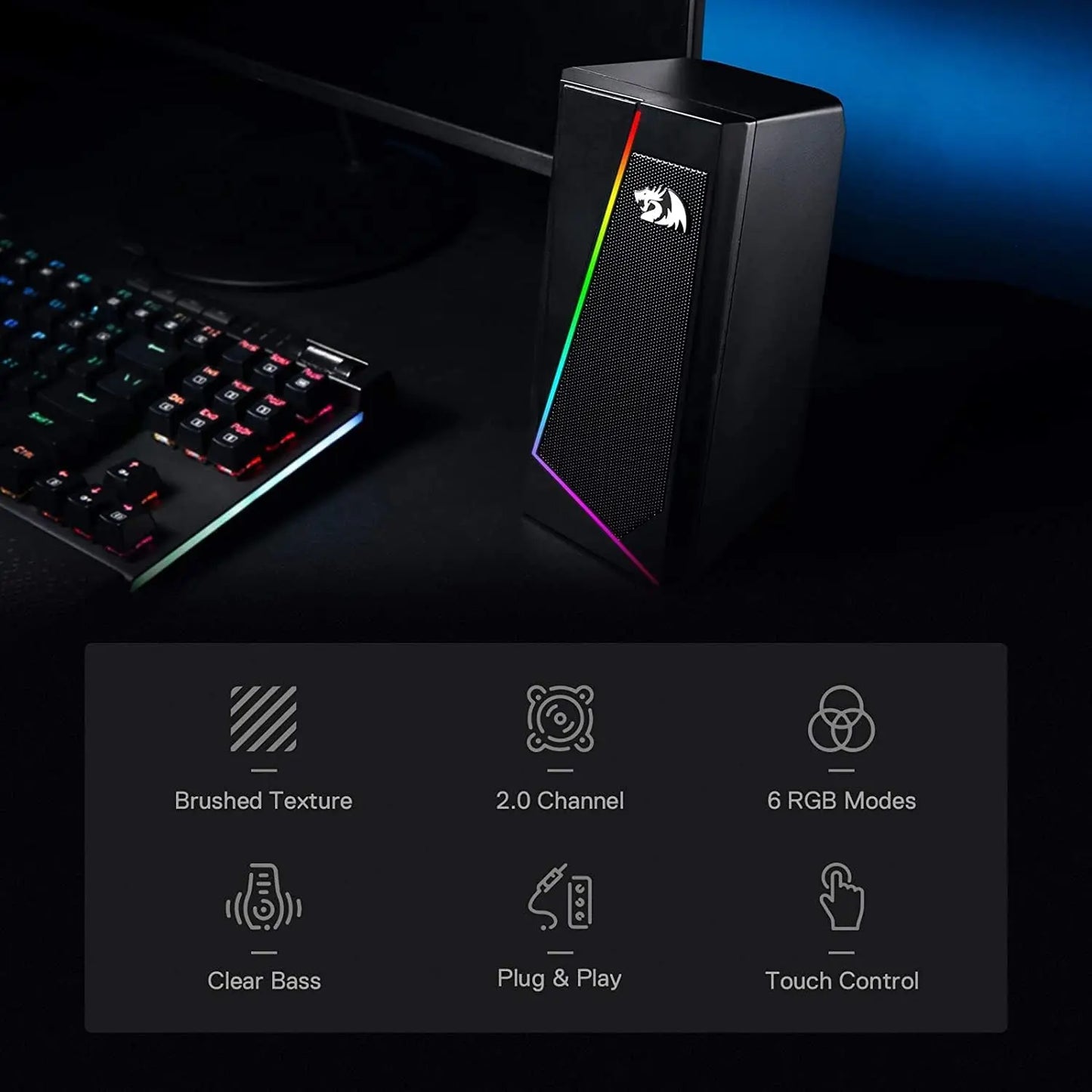 Redragon GS520 2.0 Channel Desktop Speakers - Multifunctional PC Gaming Audio System with RGB LED Lighting, Enhanced Sound Quality, and Convenient Volume Control, USB Powered with 3.5mm Connectivity