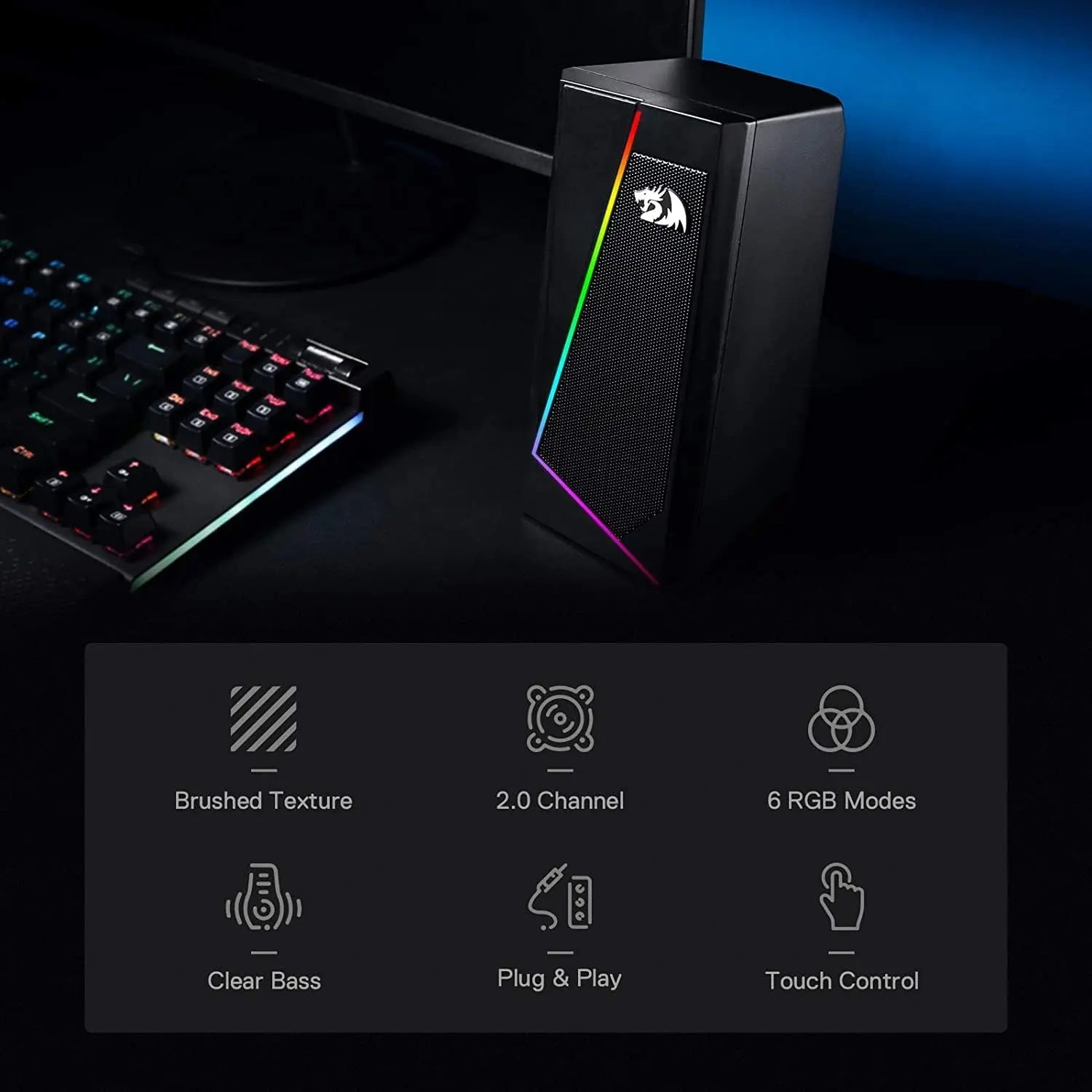 Redragon GS520 2.0 Channel Desktop Speakers - Multifunctional PC Gaming Audio System with RGB LED Lighting, Enhanced Sound Quality, and Convenient Volume Control, USB Powered with 3.5mm Connectivity