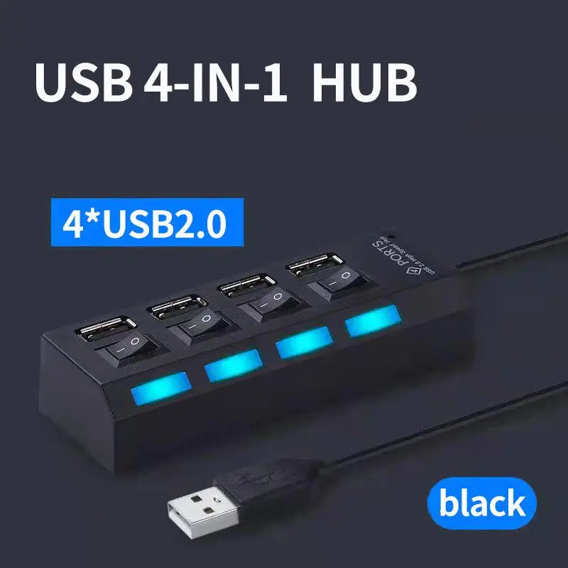 USB 2.0 Hub with 4 or 7 Ports and Individual On/Off Switches, Compact Multi-Port Splitter for Laptops, PCs, and External HDDs with LED Indicators