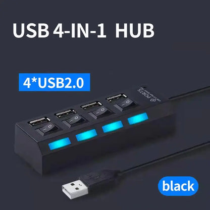 USB 2.0 Hub with 4 or 7 Ports and Individual On/Off Switches, Compact Multi-Port Splitter for Laptops, PCs, and External HDDs with LED Indicators