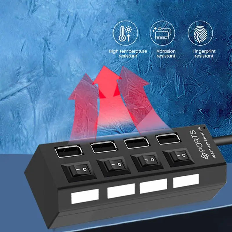 USB 2.0 Hub with 4 or 7 Ports and Individual On/Off Switches, Compact Multi-Port Splitter for Laptops, PCs, and External HDDs with LED Indicators