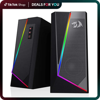 Redragon GS520 2.0 Channel Desktop Speakers - Multifunctional PC Gaming Audio System with RGB LED Lighting, Enhanced Sound Quality, and Convenient Volume Control, USB Powered with 3.5mm Connectivity