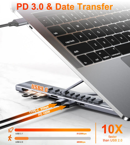 Mukiya USB-C Laptop Stand and Docking Station: 8-in-1 Hub with 4K HDMI, Multiple USB Ports, and SD/TF Card Slots for MacBook, Dell, HP, Surface, and Lenovo