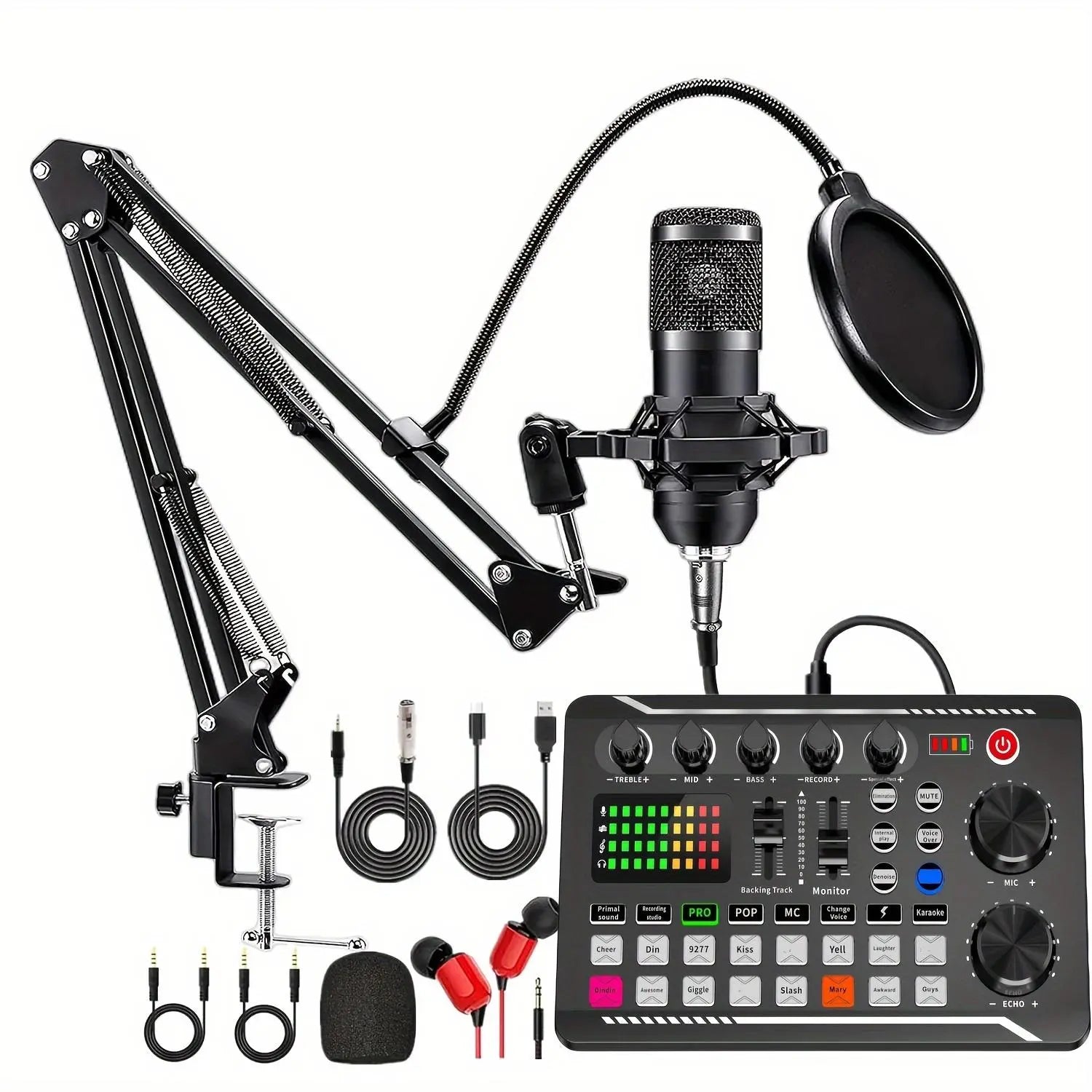Professional Podcast Equipment Bundle: USB-Rechargeable Microphone with Voice Changer, Live Audio Mixer, Adjustable Condenser Mic, USB Audio Interface, Headphones, and Singing Microphone