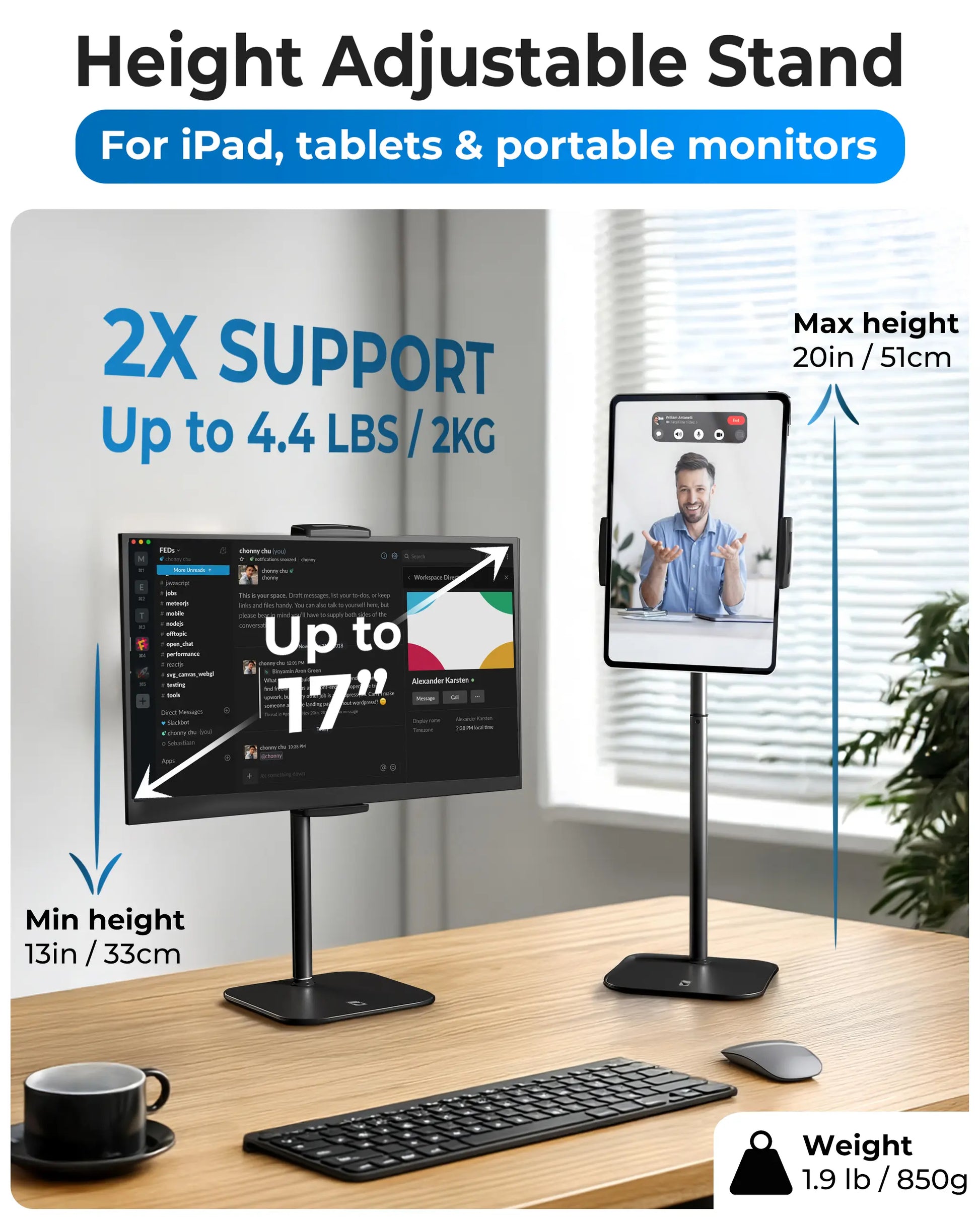 Cooper Tabstand - Adjustable Height Tablet and Portable Monitor Holder, Metal/Aluminum Design, Compatible with Devices Up to 17", 360° Rotation and Tilt, 4.4 lb Weight Capacity, Portable Multi-Device Stand for iPad Pro, Mini, Air, and Smartphones