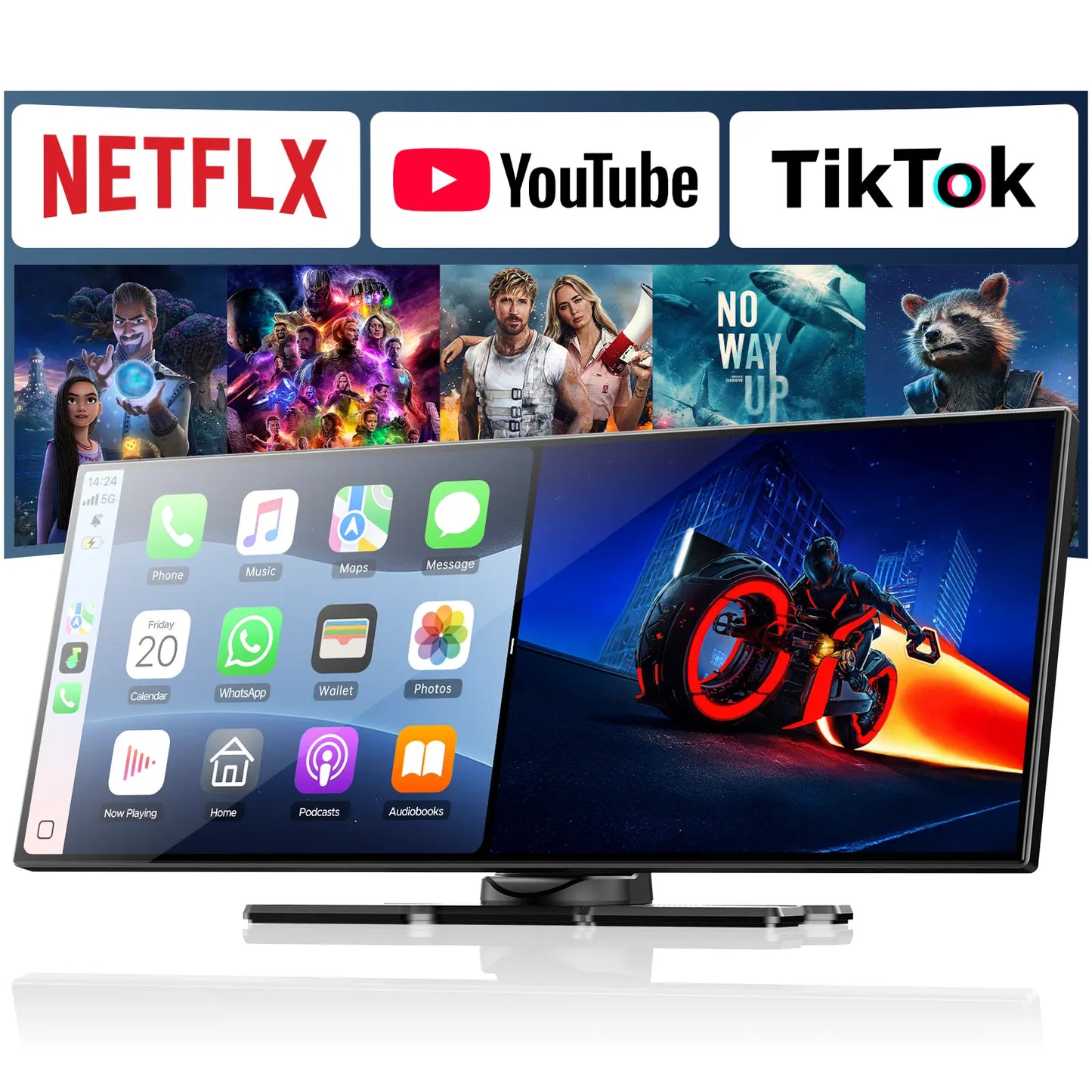 Lamtto 10.25" Wireless CarPlay Screen - Stream YouTube, Netflix, and TikTok While Parked, Compatible with iPhone 8–15+ & Android 11+ for Any Vehicle Upgrade