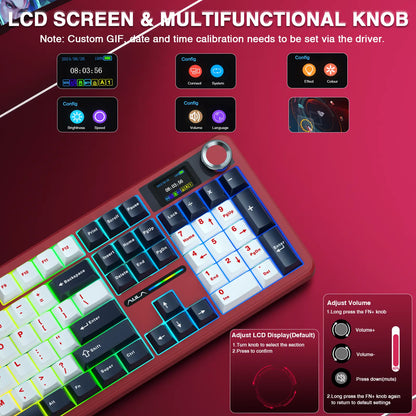 AULA F108 Pro Wireless Mechanical Gaming Keyboard - Full-Size with Smart Screen, Knob, Creamy Typing, Tri-Mode Connectivity, RGB Backlighting, Hot Swappable Switches for Professional and Gaming Use, Red