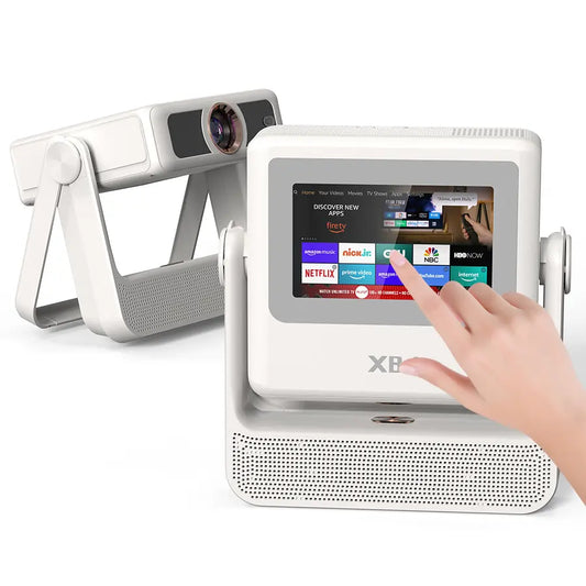 Xbj Smart Portable Projector with Touchscreen Tablet, 4K Support, WiFi 6, and Bluetooth for Home Theater, Gaming, and Outdoor Use (270° Stand and 250" Display)