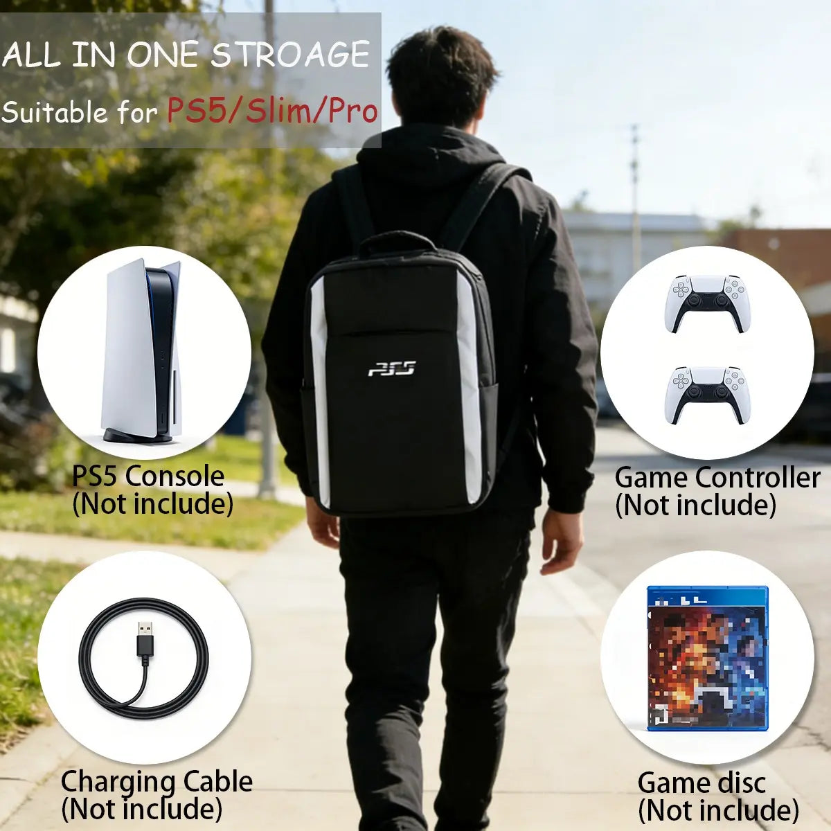 For Ps5 Travel Backpack for Console and Accessories, Compatible with Ps5/Ps5 Slim/Ps5 Pro, Large Capacity Storage for Console, Dual Controllers, Discs, and Headphones