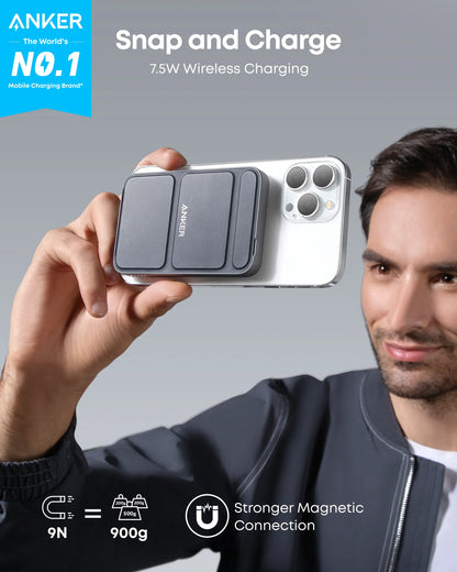 Anker 5,000mAh Magnetic Power Bank - Wireless Portable Charger with Foldable Stand and Side USB-C Port, Compatible with iPhone 17/16/15/14/13, Ideal for Summer and Father's Day Gifts