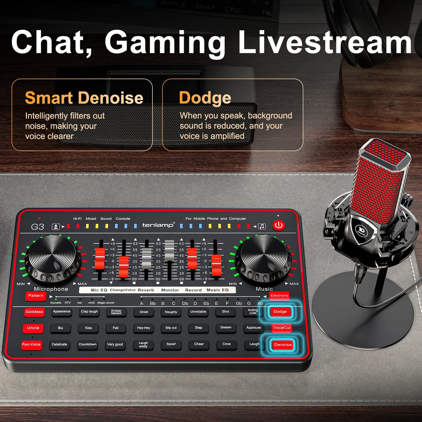 Tenlamp G3-Q8 Professional Podcast Microphone Bundle with Live Sound Card and Audio Mixer for Streaming, Singing, and Content Creation, Featuring Voice Changer and Soundboard Effects