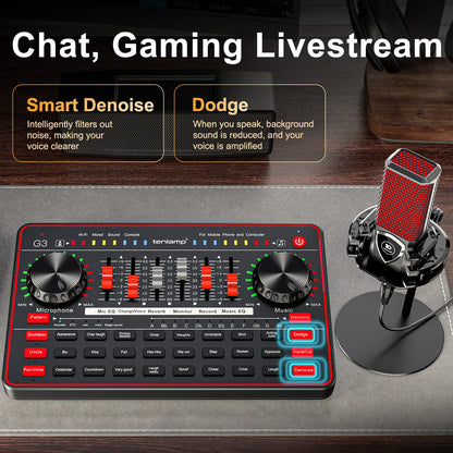 Tenlamp G3-Q8 Professional Podcast Microphone Bundle with Live Sound Card and Audio Mixer for Streaming, Singing, and Content Creation, Featuring Voice Changer and Soundboard Effects