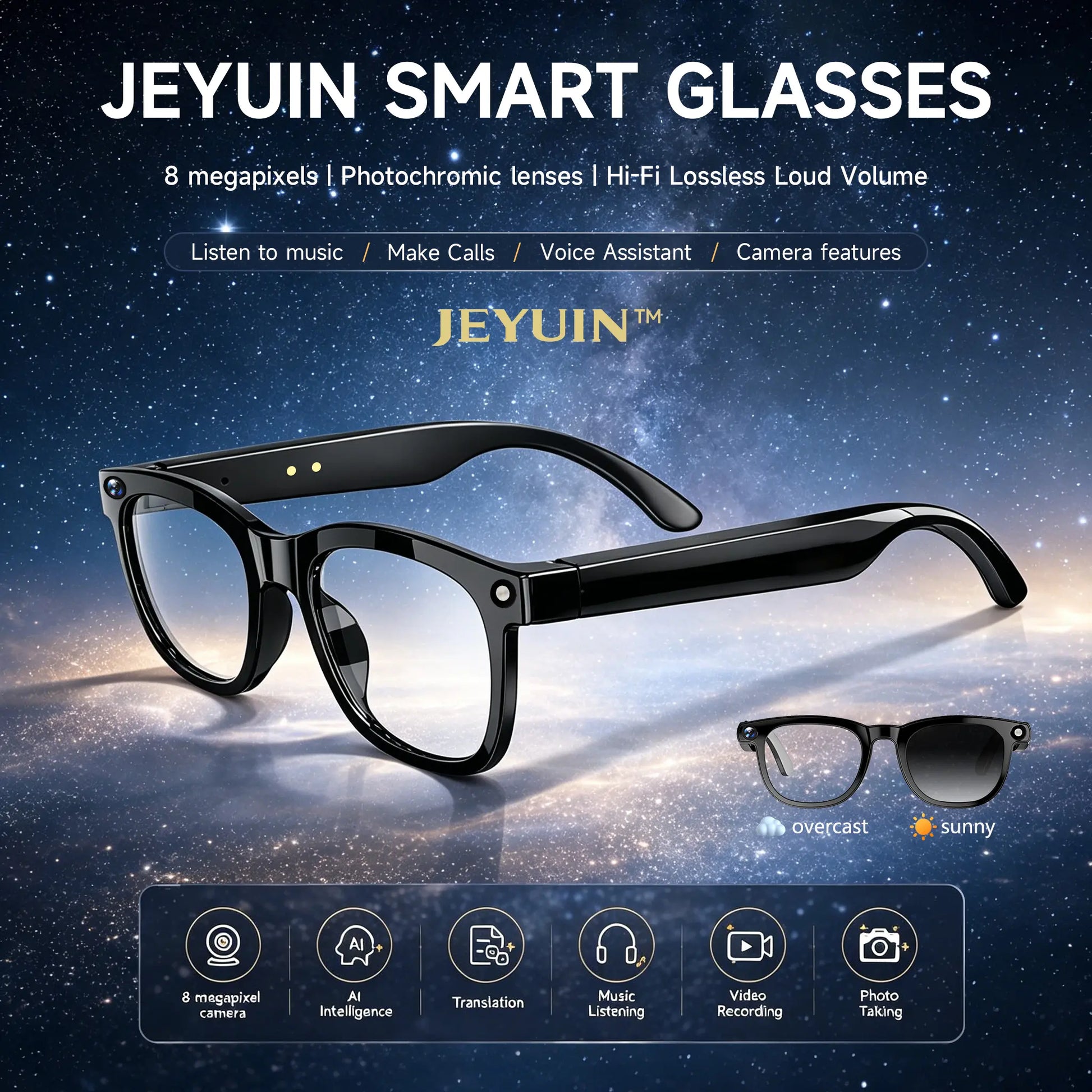 JEYUIN Smart Bluetooth Audio Glasses: Hands-Free Vlogging, Photo & Video Capture with Real-Time Translation - Ideal Wearable Camera Eyewear for Travel, Outdoor Activities, and Everyday Use - Compatible with iPhone and Android