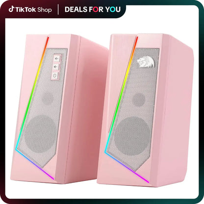 Redragon GS520 2.0 Channel Desktop Speakers - Multifunctional PC Gaming Audio System with RGB LED Lighting, Enhanced Sound Quality, and Convenient Volume Control, USB Powered with 3.5mm Connectivity